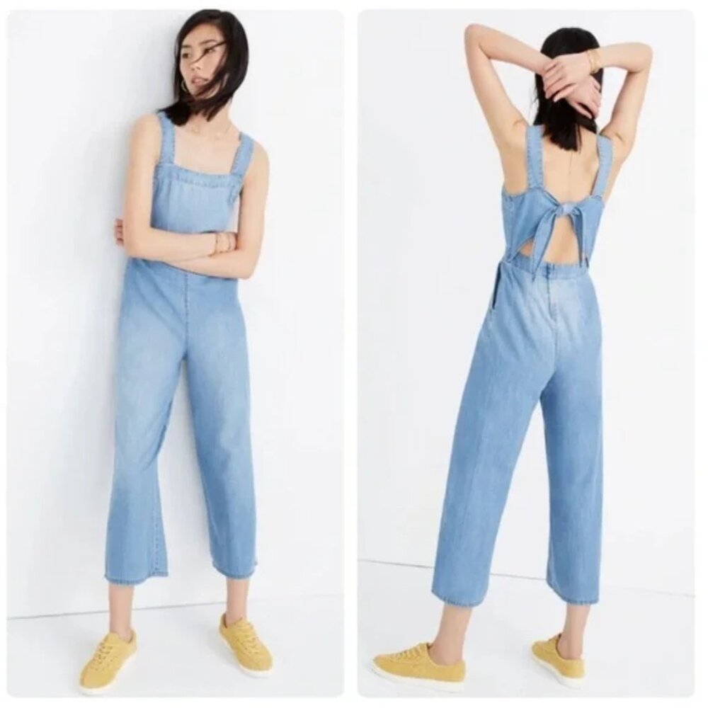 Madewell Denim Wide Leg Denim Jumpsuit Back Cutout Tie Pockets Size 14 Boho